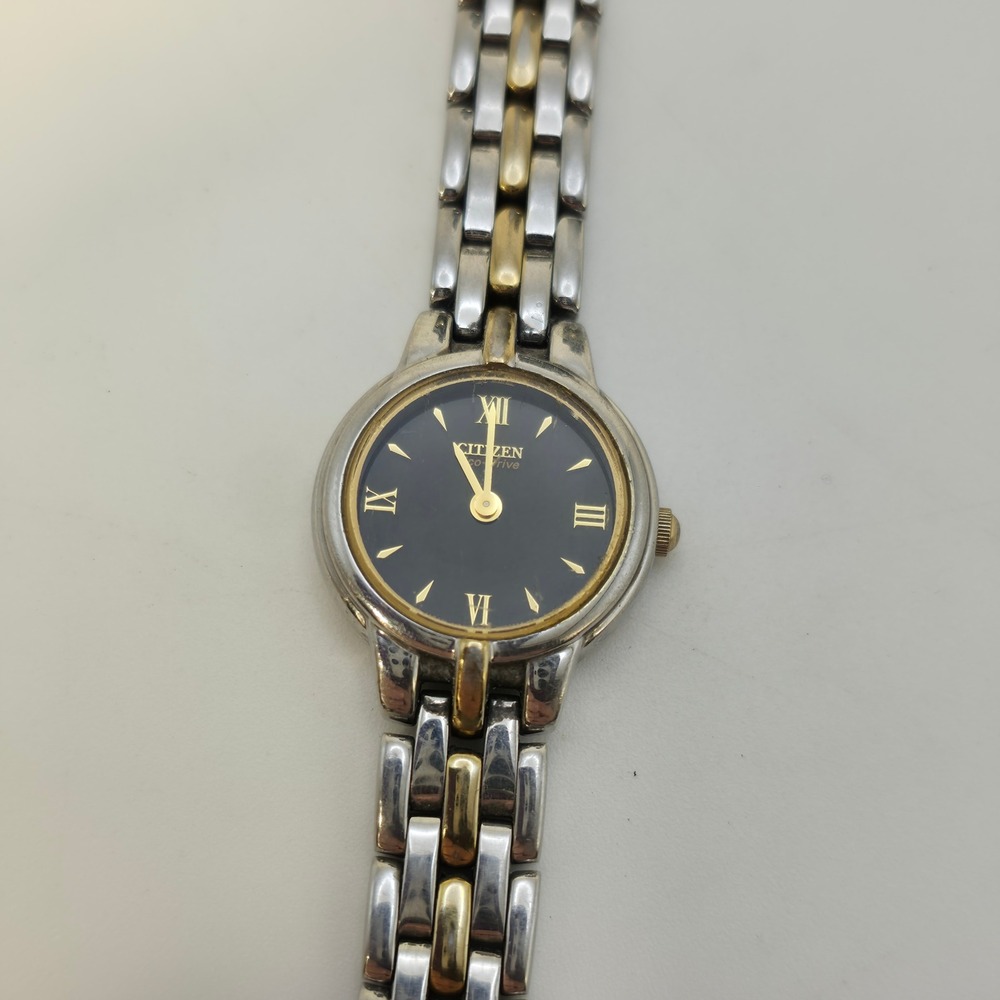 Citizen Eco-Drive Watch Womens Two Tone Silver Gold Black Dial Good E011-K006597